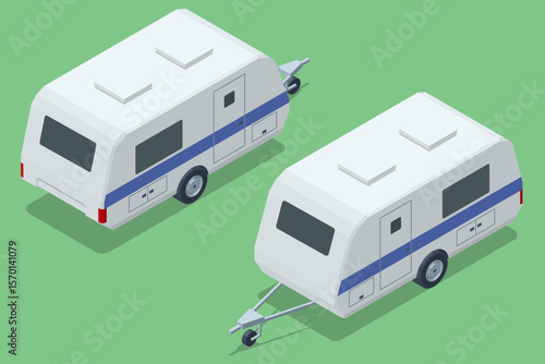 Camper isometric view of the rear and front. Kemper walking along the road in both directions.
