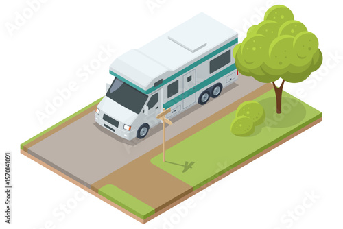 Camper isometric view of the rear and front. Kemper walking along the road in both directions.