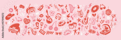 Bachelorette cowgirl party, girly birthday, Valentines day funky pink whimsical coquette background. Guitar, vintage vinyl, piano and other musical instruments. Punk rock concert y2k poster