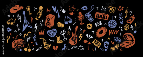 Rock n roll and punk music retro y2k style background. Hand drawn doodle vector illustration. Tattoo, sticker, icons and grafitti drawings. Emo goth grunge doodle. Fire, heart, star shape