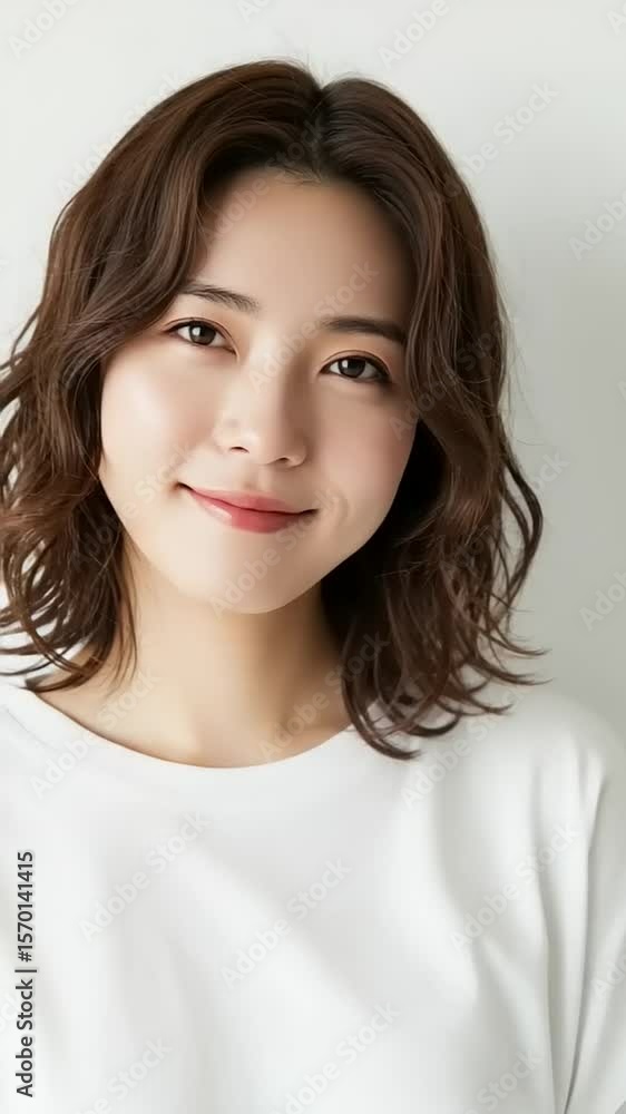 Woman with short wavy brown hair, wearing a white top. Woman with short wavy brown hair, wearing a white top.