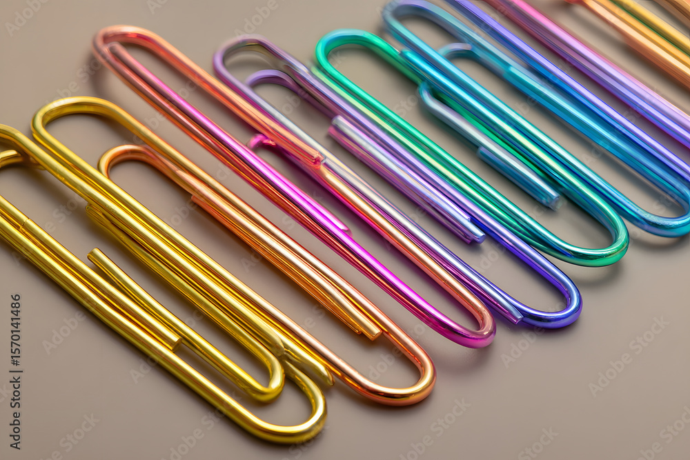 Colorful paper clips arranged diagonally on a gray surface, office supplies, stationery. Colorful paper clips arranged diagonally on a gray surface, office supplies, stationery.