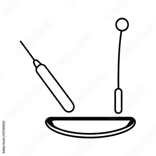 Dental mirror and probe set tray detailed line art Vector illustration