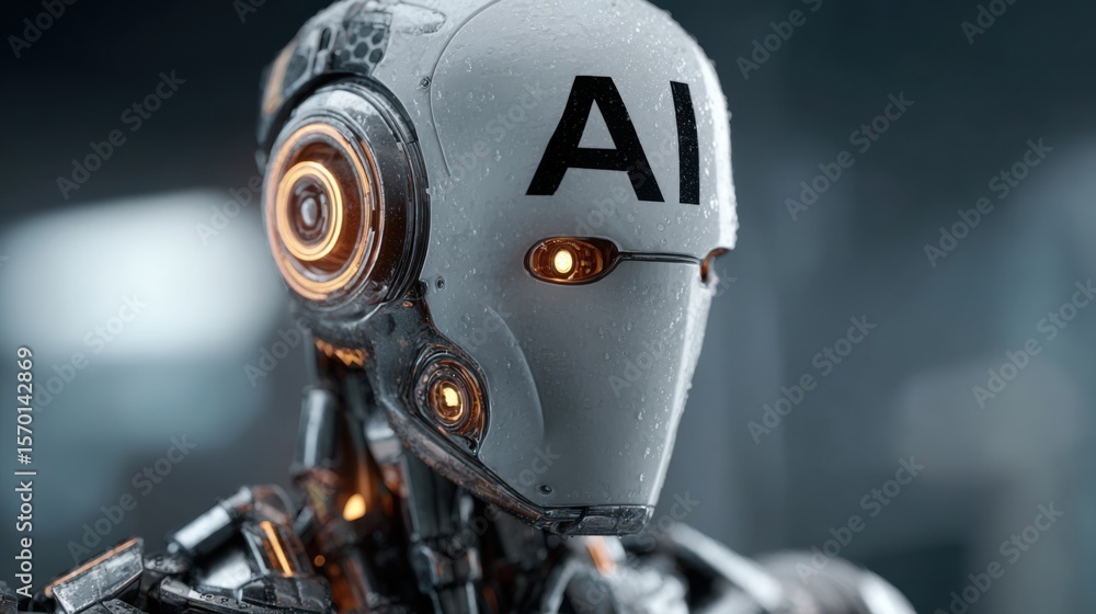 Fototapeta premium A sleek robot equipped with high-tech features stands in a modern lab environment. The metallic surface reflects soft lighting, highlighting its sophisticated design and AI branding.