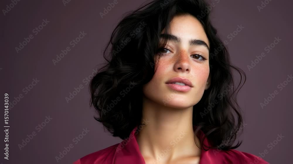 Elegant woman with flowing hair in a red shirt against maroon background Elegant woman with flowing hair in a red shirt against maroon background