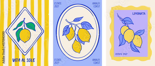 Vintage summer designs with lemon illustrations and seamless patterns.