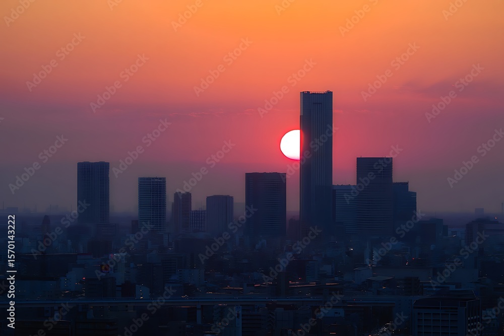 Fototapeta premium City skyline silhouette at sunset time high detailed halftone dither vector design