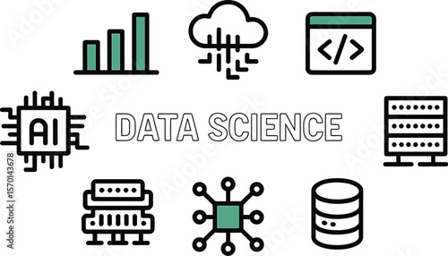 Data science concept with icons depicting ai, cloud, code, and data storage units