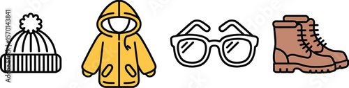 A collection of winter clothing items including a hat jacket glasses and boots