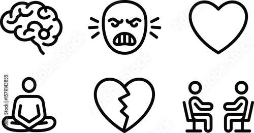 A collection of mental health icons including brain anger heart and therapy icons