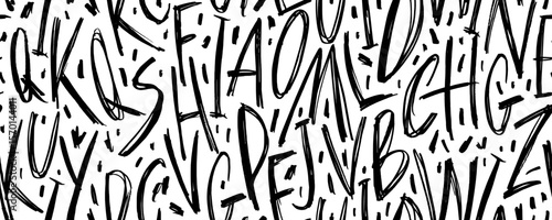 Graphic english letters seamless pattern. Crayon drawn childish alphabet letters wrapping paper. Vector grunge funky font with dots. Hand drawn typography banner. Black cursive english text.