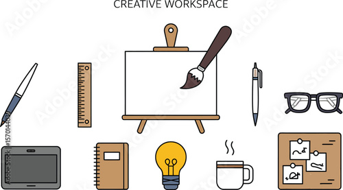 Illustration of creative workspace with art supplies and office accessories items