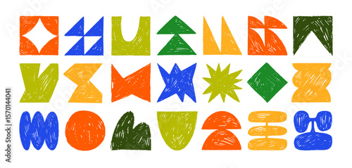 Colorful crayon drawn childish geometric shapes and forms. Hand drawn vector brutal symbols. Kid geometric stickers.