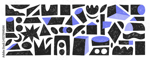 Monochrome geometric isometric shapes and crayon drawn figures. Graphic decorative brutal shapes with perspective. Funky icons, kid stickers, vector textured naive forms. Modern geometric figures.