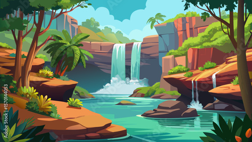 Litchfield National Park reveals twin waterfalls tumbling into natural rock pools, surrounded by lush tropical trees in a vibrant, humid oasis.