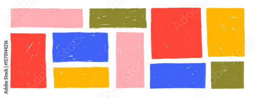 Colorful square and rectangle text boxes with rough crayon texture. Hand drawn childish frames, rough texture banners. Kid drawn basic geometric shapes. Cute memo stickers and notes.