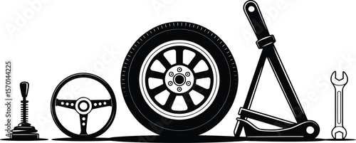 Illustration of car parts and tools including a wheel steering wheel and wrench