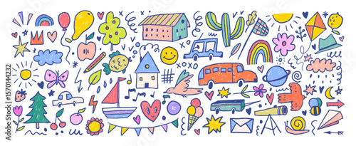 Colorful simple cute childish doodle collection. Various funky kid's illustrations with crayon texture lines. Cute sun, house, smile face, trees, clouds, cars and boat. Naive kids doodle shapes.