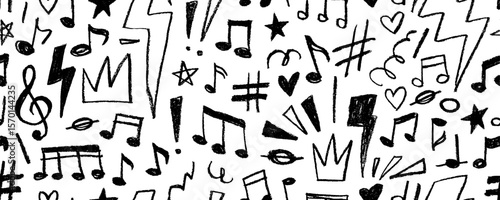 Musical punk seamless pattern with hand drawn notes, lightnings and scribbles. Doodle punk background. Crayon drawn grunge seamless banner design. Funky childish graffiti background.