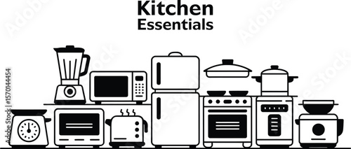Illustration of kitchen appliances including blender oven and refrigerator set up