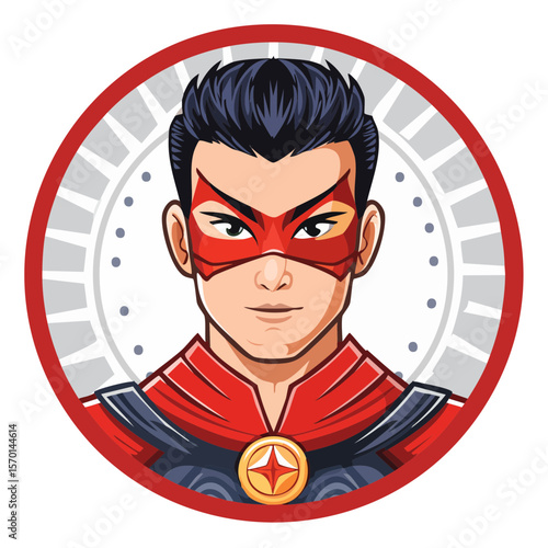 Cartoon Superhero Portrait with Mask and Red Cape in Round Frame Emblem