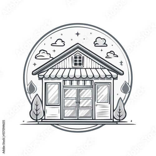 Cute Storefront Illustration with Awning, Trees, Clouds and Stars within a Circular Frame in Black and White