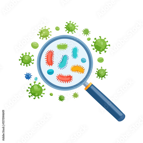Magnifying glass examining various germs and viruses Microscopic view of pathogens and infectious agents Science and medical concepts