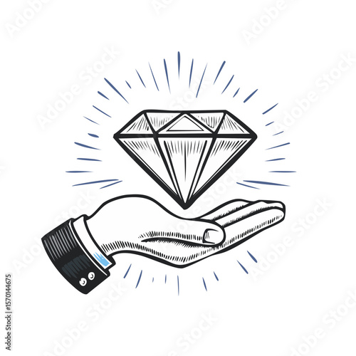 Elegant Hand Offering a Sparkling Diamond Gemstone, Sketch Illustration on Black Background