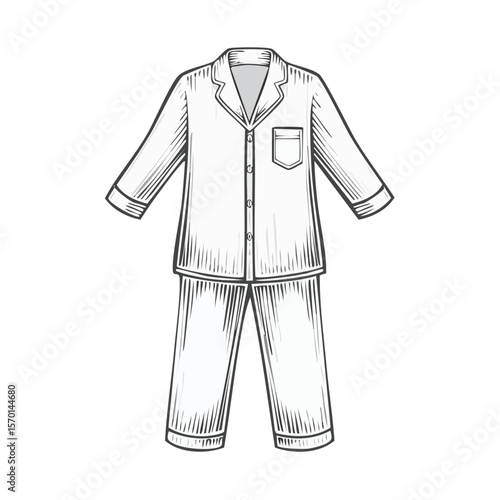 Classic Style Pajama Set Outline, Sleepwear Apparel Illustration, Unisex Button Down Shirt and Pants with Woodcut Effect