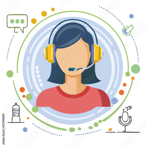 Woman with headset provides customer support with microphone and chat bubble in digital communication service circle backdrop