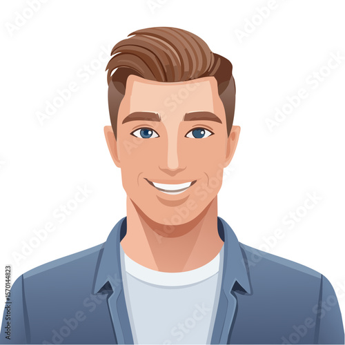 Portrait of smiling young man with blue eyes, brown hair in casual blue jacket, avatar style illustration against dark background