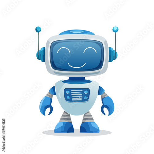 Cute smiling robot character with antenna innovation friendly AI technology android automation artificial intelligence machine digital device
