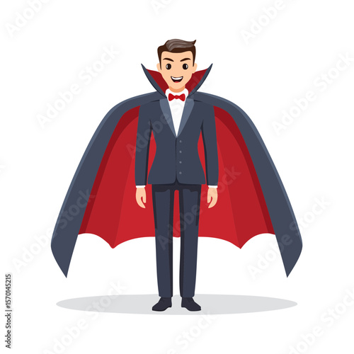 Cartoon Character in Vampire Costume with Cape and Bowtie for Halloween Concept
