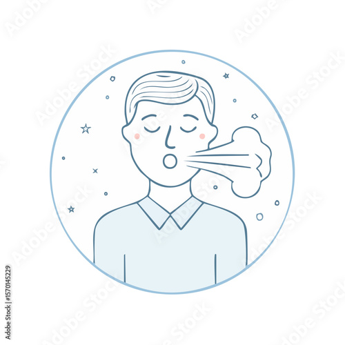 Person Exhaling Cold Breath in Winter - Illustration in Circular Frame