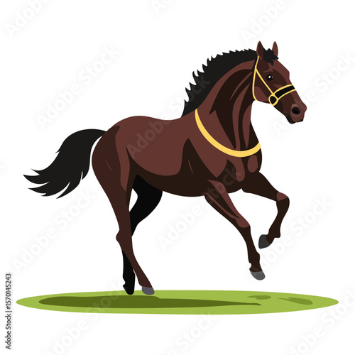 Elegant Brown Horse in Motion with Golden Harness on Green Grass