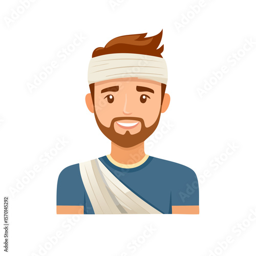 Cartoon Man Portrait with Head Bandage and Shoulder Sling Smiling After Injury