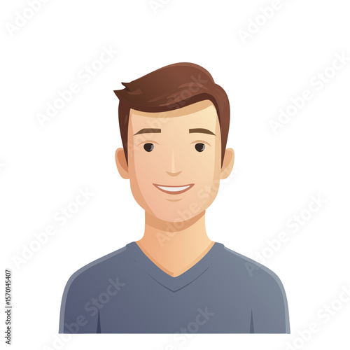 Smiling Cartoon Man Portrait with Brown Hair and Gray Shirt on Black Background