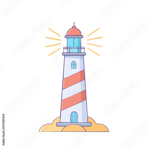 Cartoon illustration of striped lighthouse on the coast with shining light beams for navigation and guidance marine symbol on black