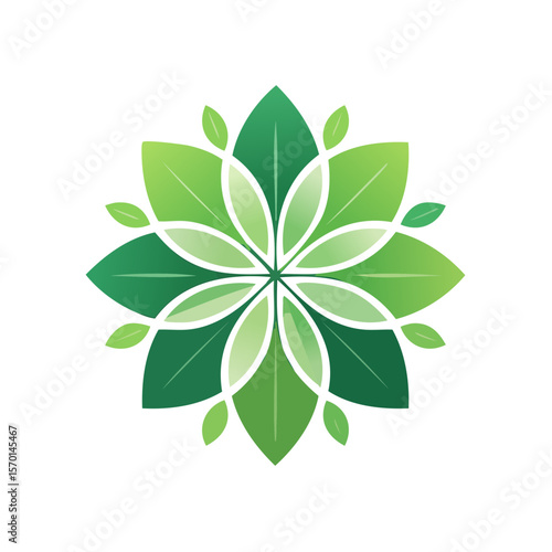 Abstract Green Leaf Mandala Floral Design on Black Backdrop Natural Elegant Ornament