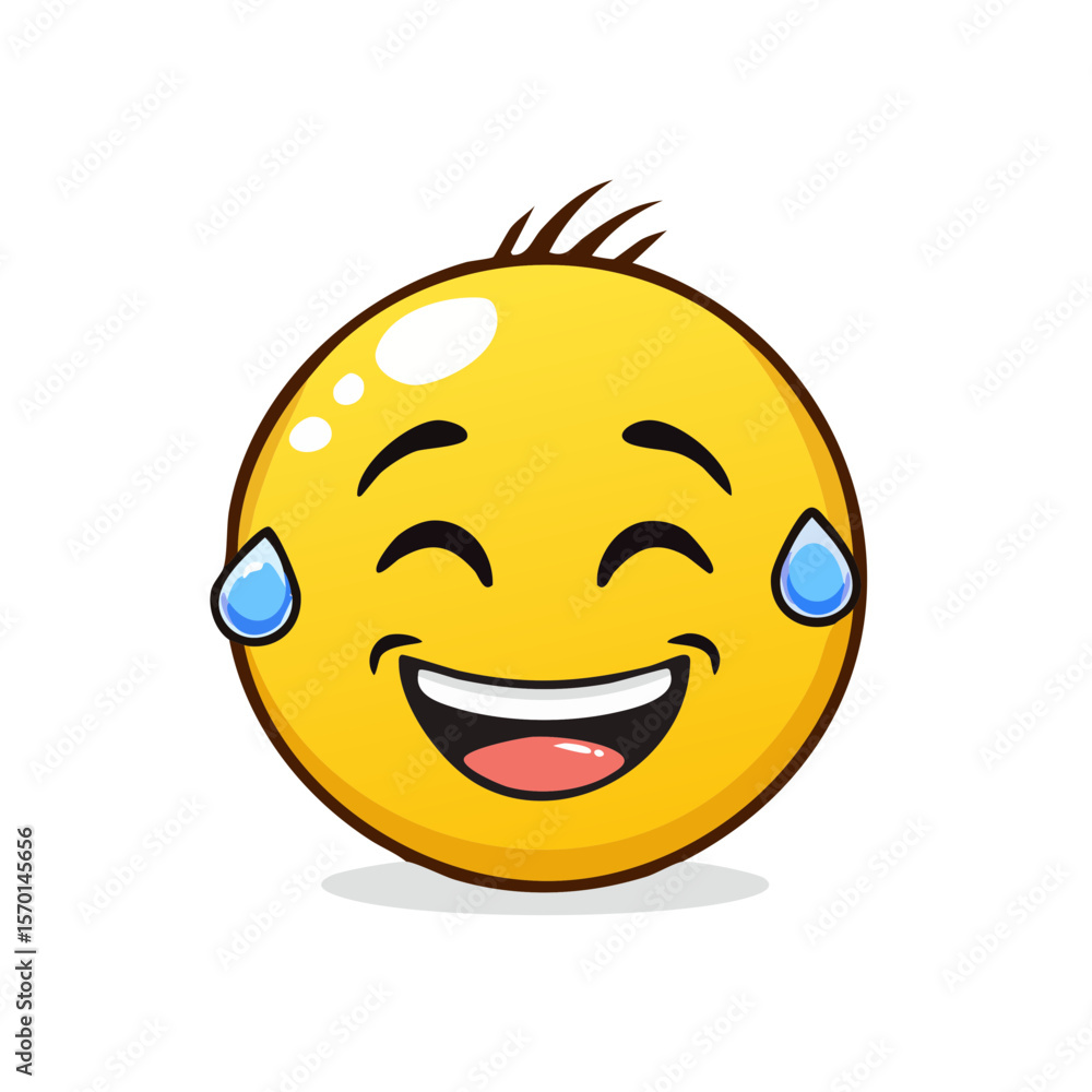 Fototapeta premium Cartoon emoji face with tears of joy laughing and smiling, depicting positive emotions and exaggerated humor.