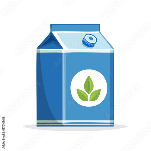 Cartoon illustration of a blue juice carton with three leaves on a white circle logo on black background