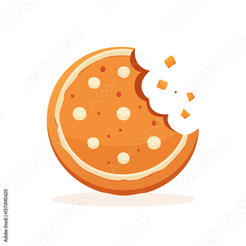 Cartoon bitten cookie with frosting and white dots on a black background delicious dessert snack with crumbs vector illustration