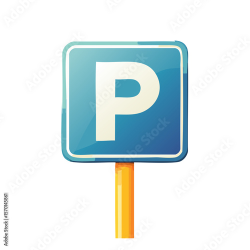 Illustrated parking sign with letter P on blue square Traffic roadsign for vehicle stop information on parking area or zone cartoon style illustration