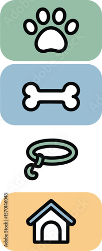 Illustration of dog paw bone collar and doghouse icons stacked vertically aligned