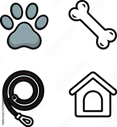 A collection of dog related icons including a paw print bone leash and doghouse