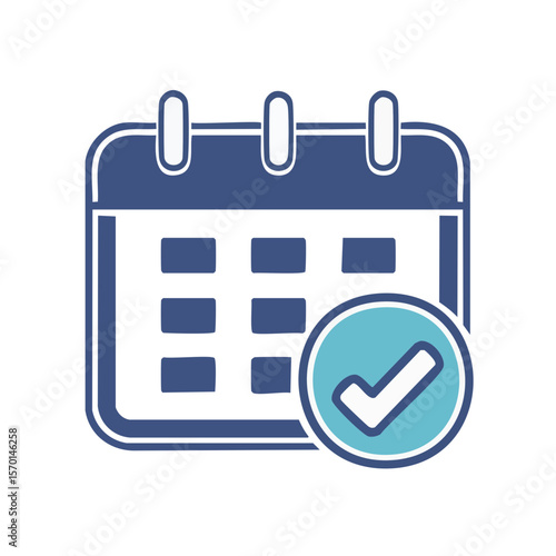 Blue and turquoise calendar with a checkmark signifying completion of task for schedule or event management