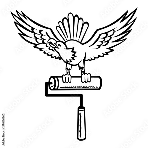 Retro woodcut style illustration of an American eagle, bald eagle or Haliaeetus leucocephalus perching on paint roller viewed from front on isolated background done in black and white.