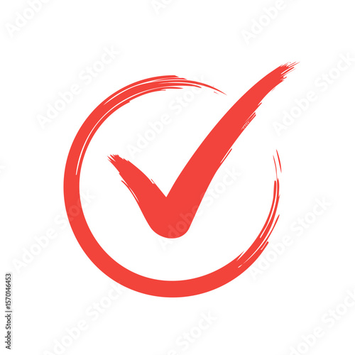 Red check mark illustration on black background symbolizing approval and agreement. Hand drawn brush style vector to represent a done choice or successful test.