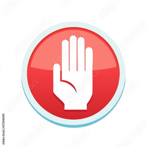 A hand stop gesture in a red circle icon representing halting prohibited prevention or refusal for restriction and warning graphic symbol design
