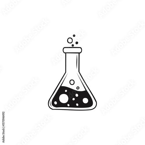 Erlenmeyer flask with bubbly chemical mixture on a black background for science concept design